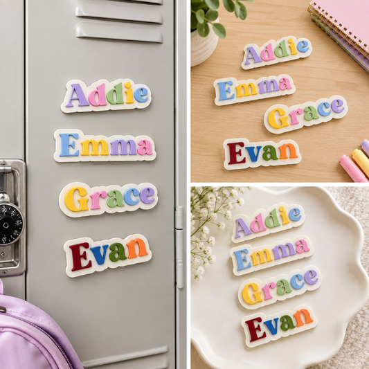 Personalized colourful wooden name magnets on a school locker spelling Addie, Emma, Grace and Evan